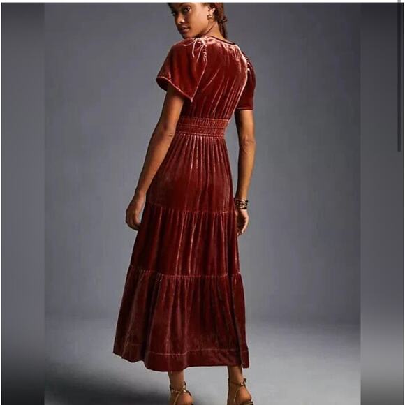 Anthropologie Somerset Velvet Edition Maxi Dress Long Tiered Raspberry 1X - Picture 2 of 5